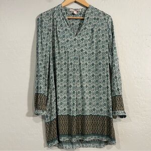 Boho Indie Artsy‎ Relaxed Tunic Top Shirt Green Brown Rayon Small Forever 21